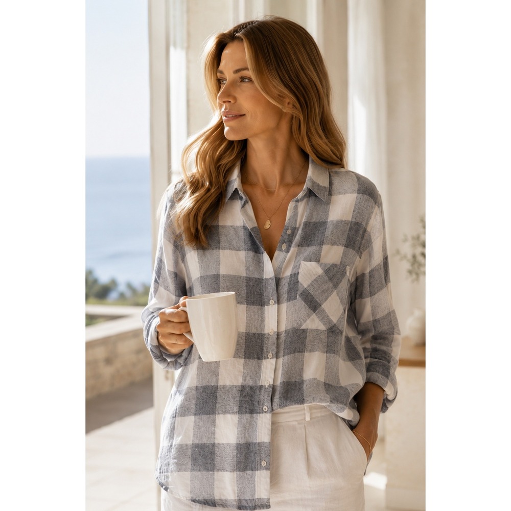 Rails Milo Button Down Women M Snow Graphite Buffalo Check Plaid Shirt
